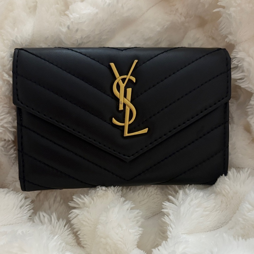 Yves Saint Laurent Black Chevron Wallet with Gold Logo